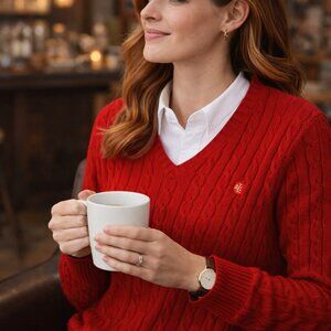 ❤️ Lauren Ralph Lauren Red Cable-Knit V-Neck Sweater ❤️